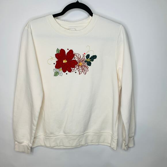 Cream Crew Neck Sweatshirt Poinsettia Applique Design Christmas Sz Medium - Picture 1 of 7